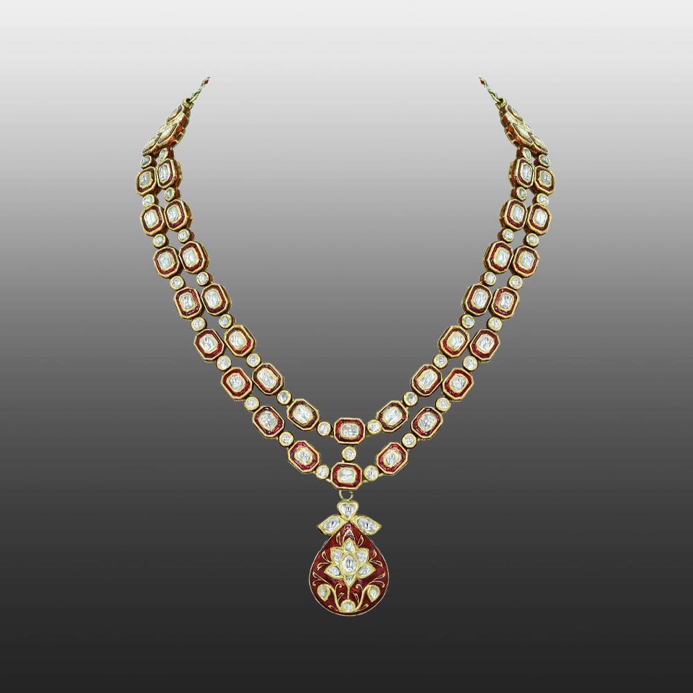 Double-Layer Polki Necklace with Red Enamel and Floral Pendant